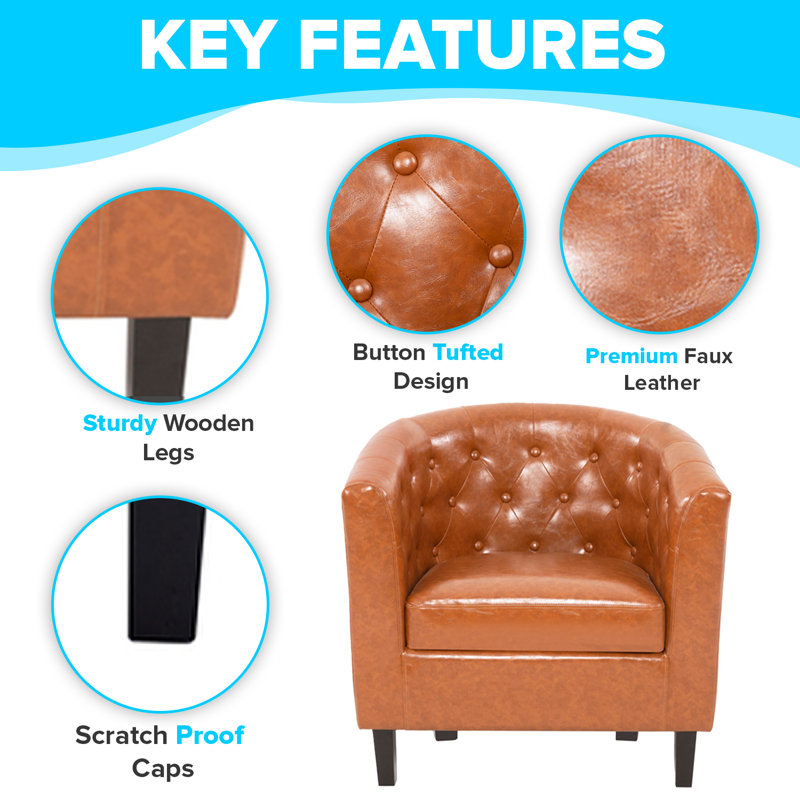 Engelhardt Upholstered Barrel Chair, Tufted Accent Chair, Faux Leather Accent Barrel Chair, Living Room, Caramel Faux Leather