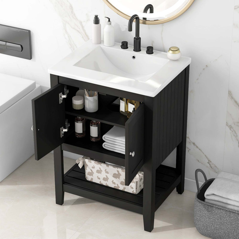 Lavabo de salle de bain moderne élégant en céramique 24 po avec tablette ouverte en bois massif, Noir, noir, noir, noir