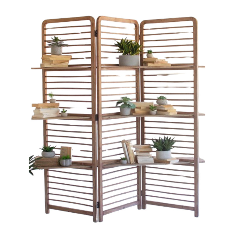 Brown Wooden Folding Screen with Three Shelves