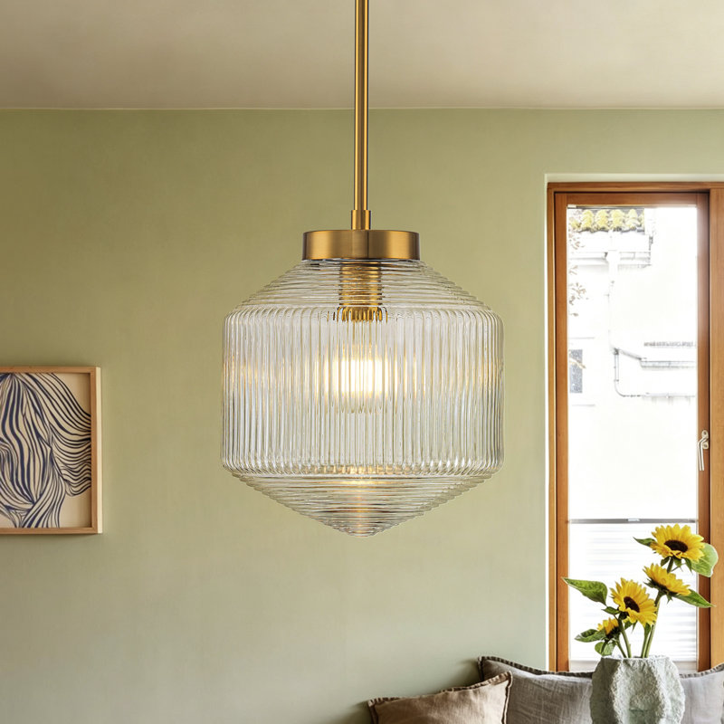 Suspension à une lumière de style moderne du milieu du siècle, abat-jour en verre transparent cannelé à motif diamant.