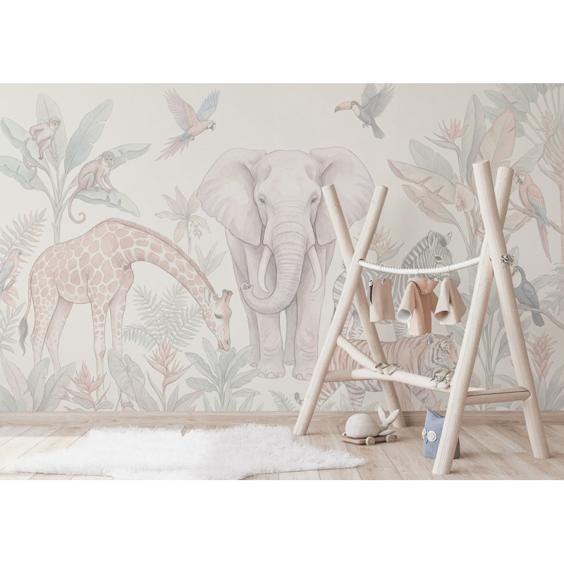 Papier peint faune pastel tropical, 100 po x 96 po, Peler et coller