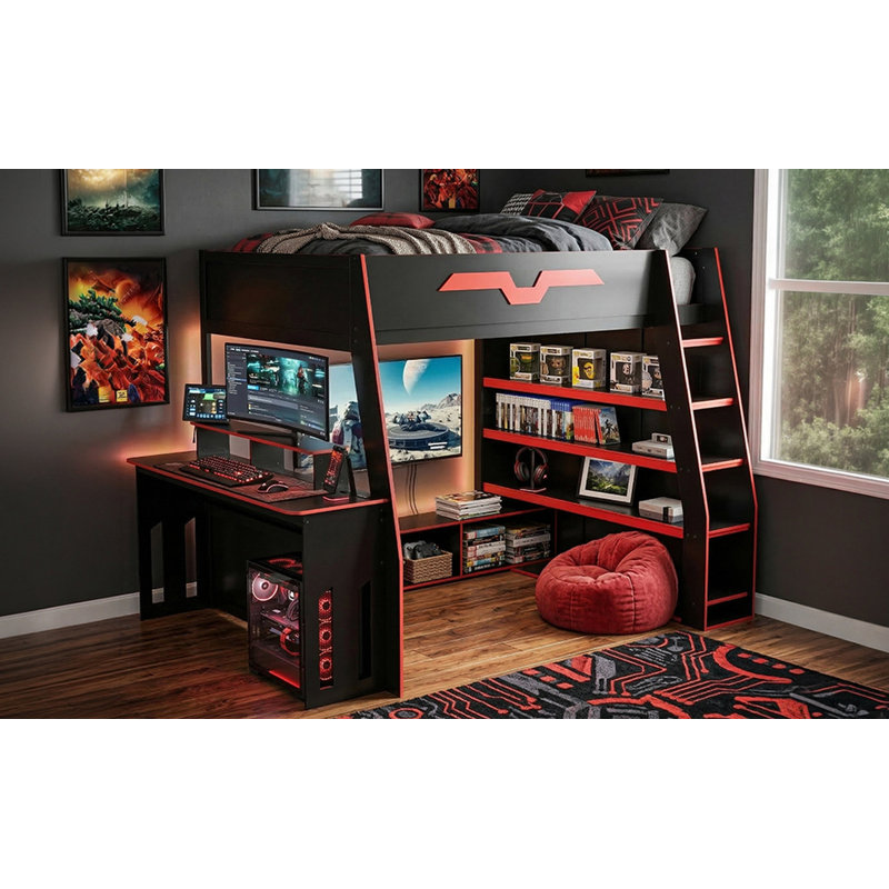 Lit mezzanine double en bois avec bureau, tablettes multiples et lumière RVB, table avec emplacement réglable, rouge, Rouge