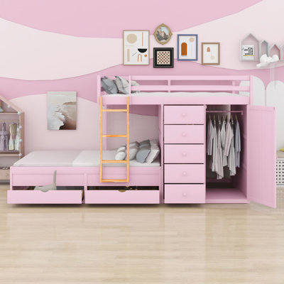 Lit superposé de rangement moderne avec plusieurs tiroirs et petite armoire