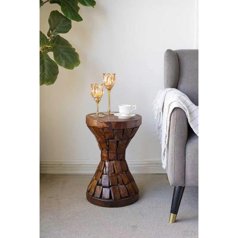 Paulownia Wood Hourglass Table With Textured Mosaic Design