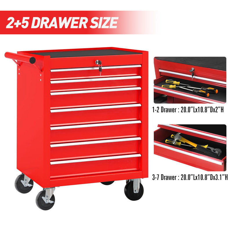 7-Drawer Tool Box With Wheels Multifunctional Tool Cart Mechanic Tool Storage Cabinet,Rolling Tool Chest, Red