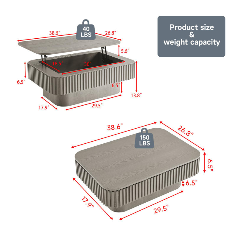 38.6" Lift-Top Gray Coffee Table with Hidden Storage, Gray