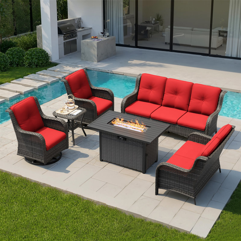 7-Person Outdoor Patio Conversation Rattan Seating Group With 2-In-1 Propane Fire Pit Table,2 Swivel Chairs and Red Cushions