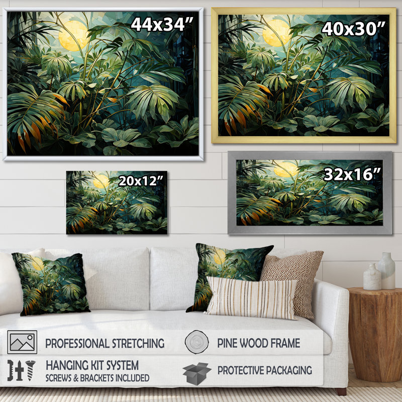 «Fantasy Jungle Plants Under Moonlight II», reproduction sur toile, Cadre photo doré simple, H 34 po x l 44 po x P 1,5 po