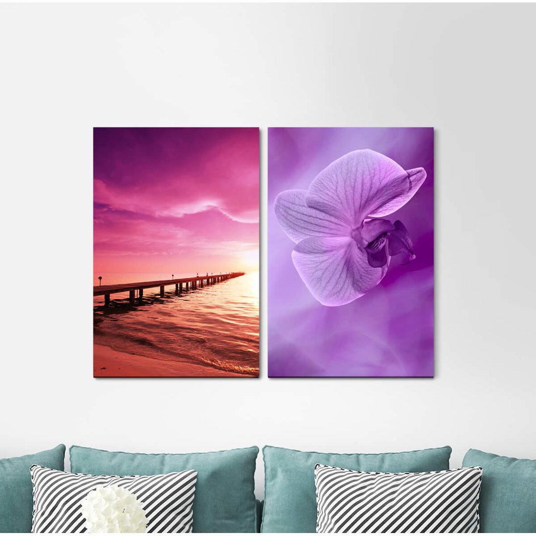 2-tlg. Leinwandbilder-Set - Grafikdruck „Footbridge Beach Orchid Pink Clouds Peacefull Sunrise Calming”