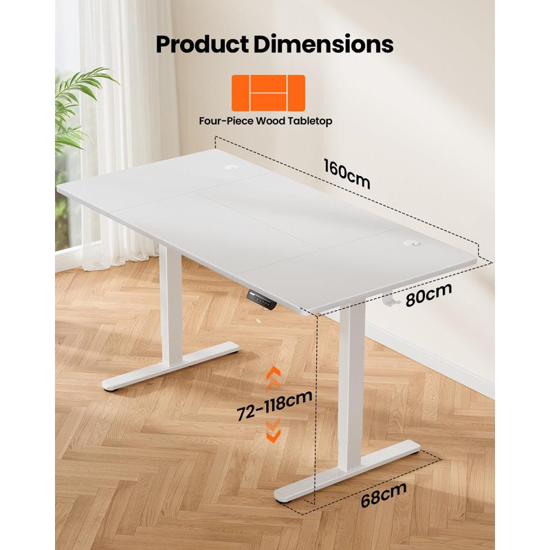 Height Adjustable Rectangular Standing Desk, 118cm H x 160cm W x 80cm D, White