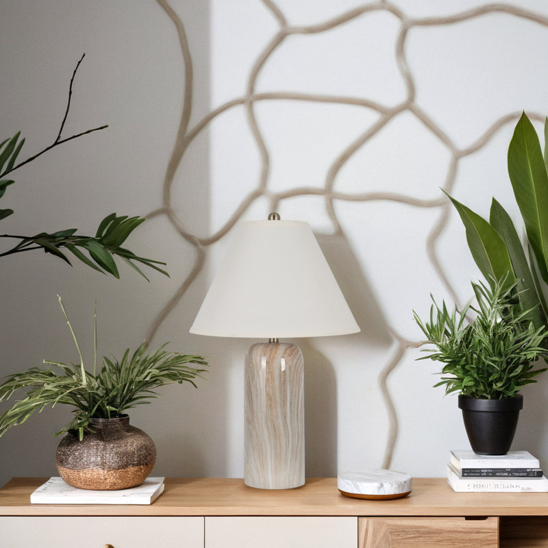 Polyresin Table Lamp with Linen Shade, Brown Marble