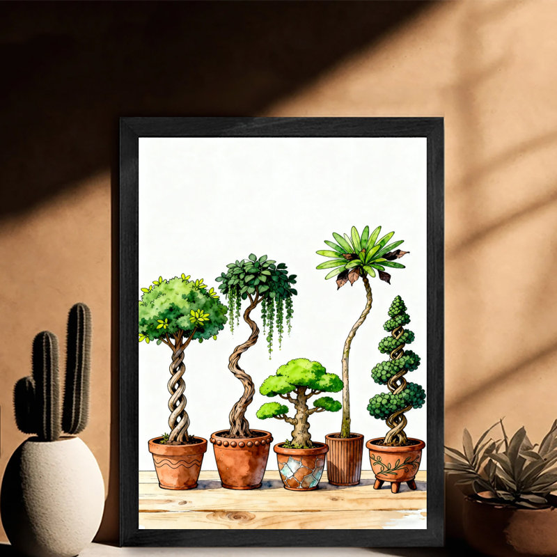 Reproduction d'art encadré noir avec quatre plantes de bonsaï de différentes formes, H 17 po x l 13 po