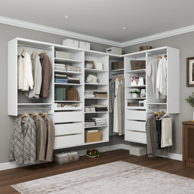 Tranquil White 178" Wall-Mounted L-Shape Closet System with 6 Sections, 5 Clothing Rods, 14 Shelves & 8 Reveal Drawers