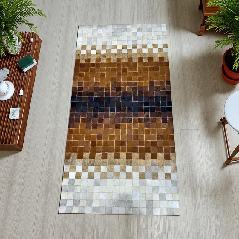 Tapis brun en peau de vache ombrée, tapis d'entrée fait à la main, Rectangle 4pi x 6 pi