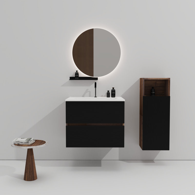 Meuble-lavabo mural noir doux et noyer, 24 po avec lavabo intégré, trop-plein, fonction de fermeture silencieuse du tiroir, 20% de rangement supplémentaire, poignée - Conception plus d'espace de rangement, approche