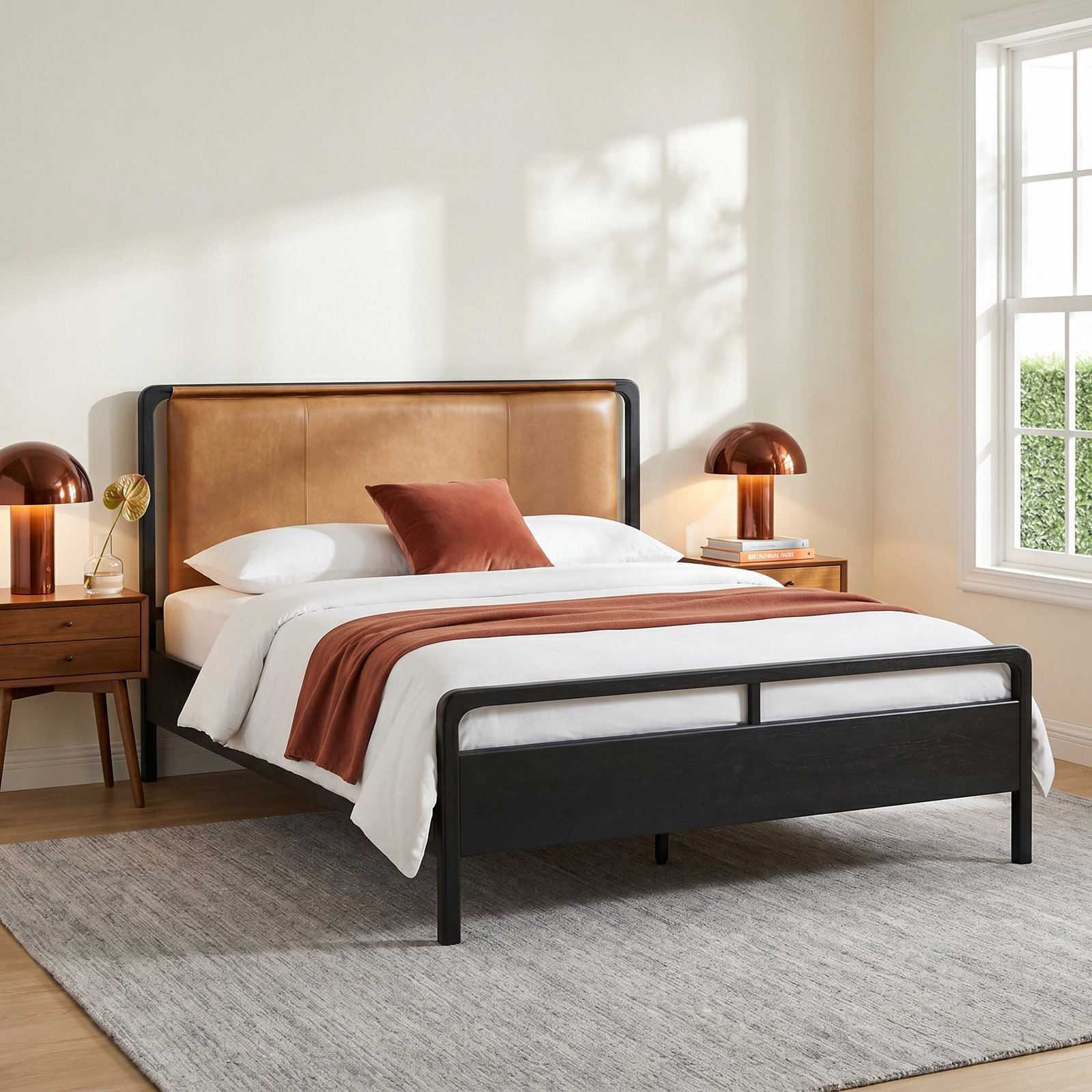 Karsten Genuine Leather and Oak Bed, King, Chaps Sand/Ebony Oak Veneer