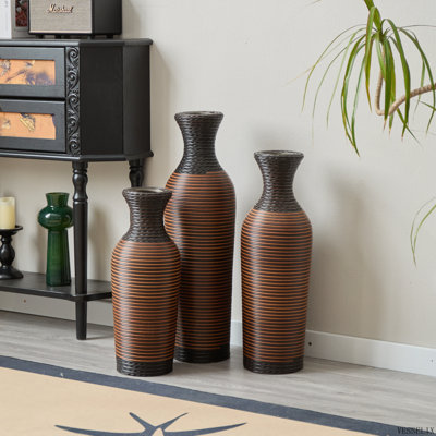 Ensemble de 3 vases de sol en rotin en PVC tressé à la main, hauteurs 70, 60 et 50 cm, style campagnard brun