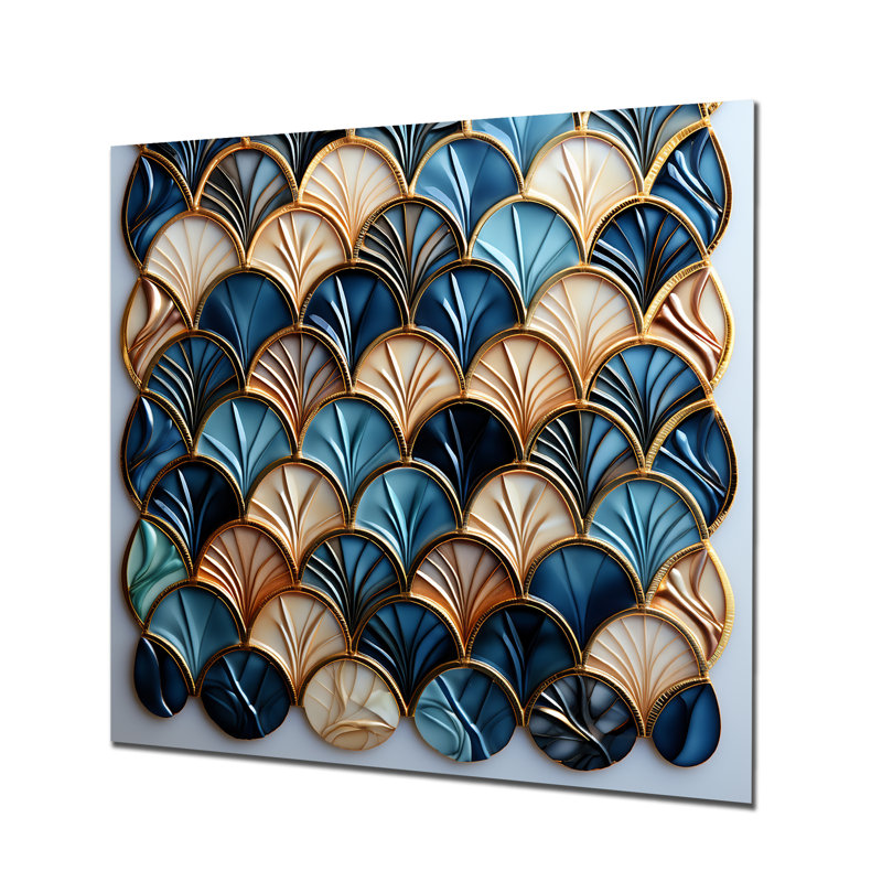 Art déco bleu carreaux dorés élégance 1 I - art mural géométrique en métal, H 36 po x l 36 po