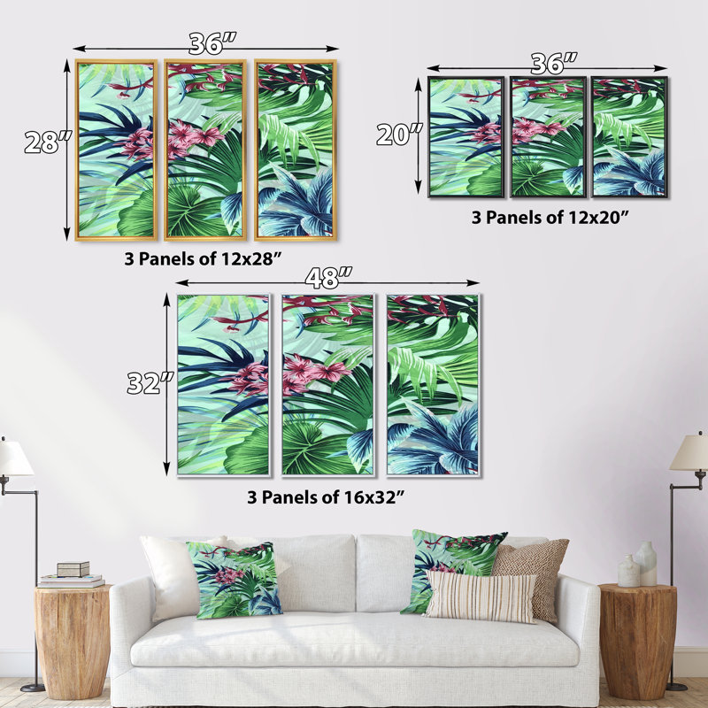 Fleurs tropicales rétro VII - 3 pièces, impression sur toile, H 32 po x l 48 po x P 1 po, Noir