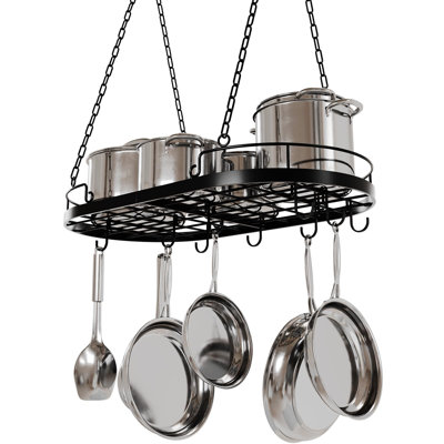 24.4” Metal Pot Rack Hanging, Oval Pan Rack Hanging With Hooks, Heavy Duty Ceiling Pot Rack With Grid, Pot And Pan Hangers For Kitchen Cookware Utensils Toiletries, Easy Assembly, Black