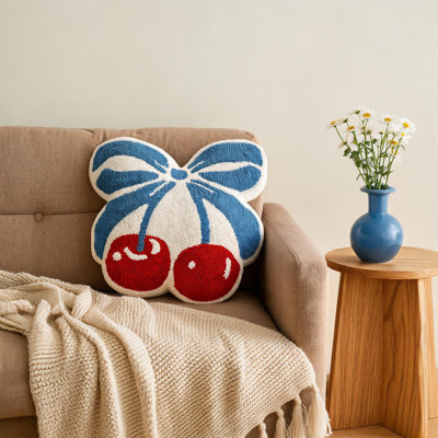 Plucking Craft Decoration Pillow, Embellished With Blue And Red Cherry And Bow Patterns, Playful And Unique