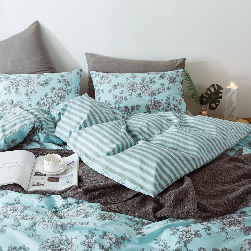 Green Floral and Stripe 3-Piece Cotton Queen Duvet Cover Set