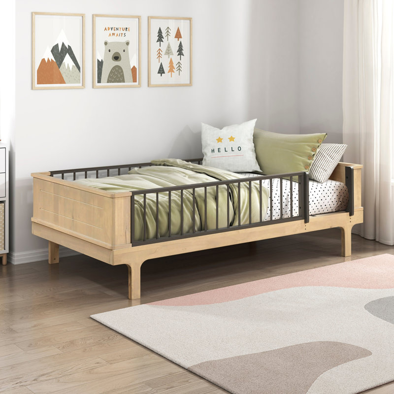 Ensemble de lit plateforme robuste de style rustique avec garde-corps intégré en chêne et gris, meubles de chambre en bois durable, 1 pièce