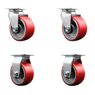4 Piece Poly Cast Iron Roller Bearing Caster Set with 2 Brakes