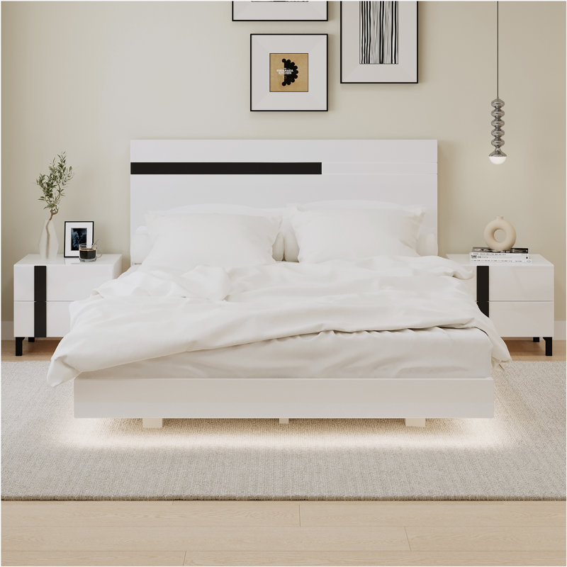 Modern High Gloss 3-Piece Bedroom Set Floating Bed Frame Queen Size Platform Bed with LED Light & 2 Nightstands