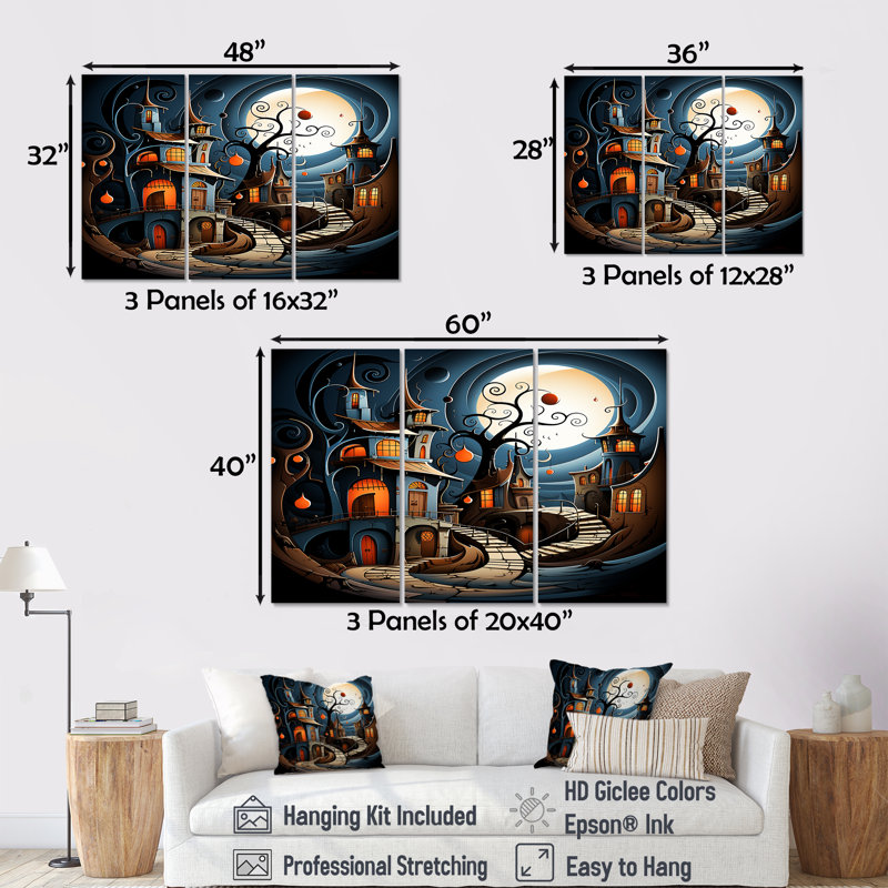 Ensemble de salon Playful Fantasy Town Magical Full Moon - Landscape Wall Art, Toile tendue, H 40 po x l 60 po x P 1 po