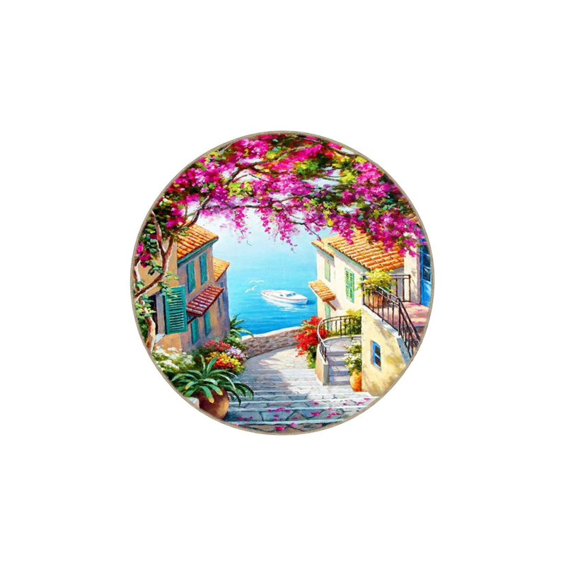 Patterned Washable Carpet With Street And Sea Views, Round 3'4"