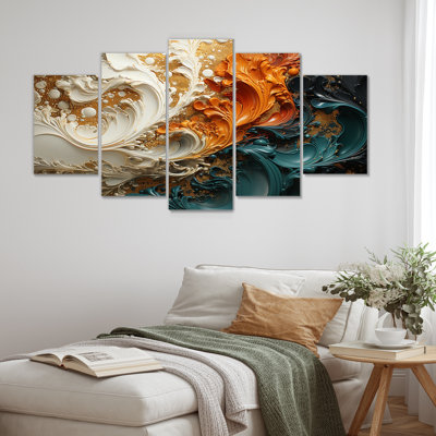 Orange et or ondulé vagues Melody IV - peinture abstraite ensemble d'art mural multipanel