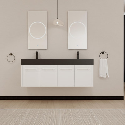 Meuble-lavabo mural 60 po avec lavabo, lavabo en résine noire à double rebord épais, ensemble KD