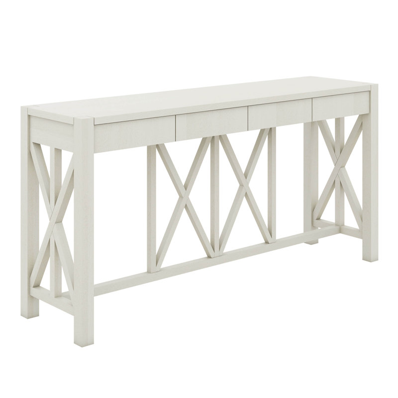 Console de 60 po avec 4 tiroirs, table d'entrée avec placage en acacia et base en X, canapé de rangement à fond ouvert, Beige