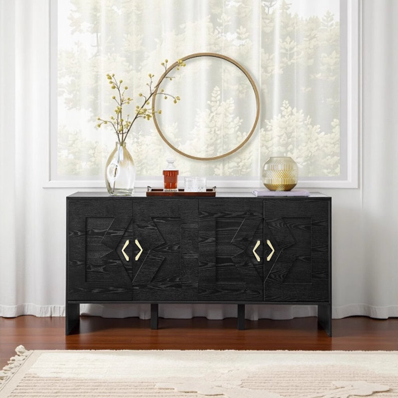 60" Mid Century Modern Black Sideboard Buffet Cabinet with Storage, Geometric Pattern & Adjustable Shelves for Multiple Rooms