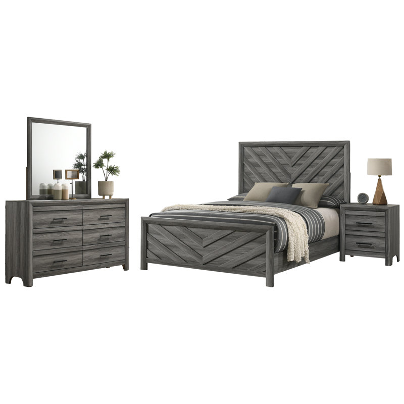 Ensemble de chambre à coucher standard 4 pièces Zarrah, Gris, Ensemble de 4 pièces : lit, table de chevet, comm