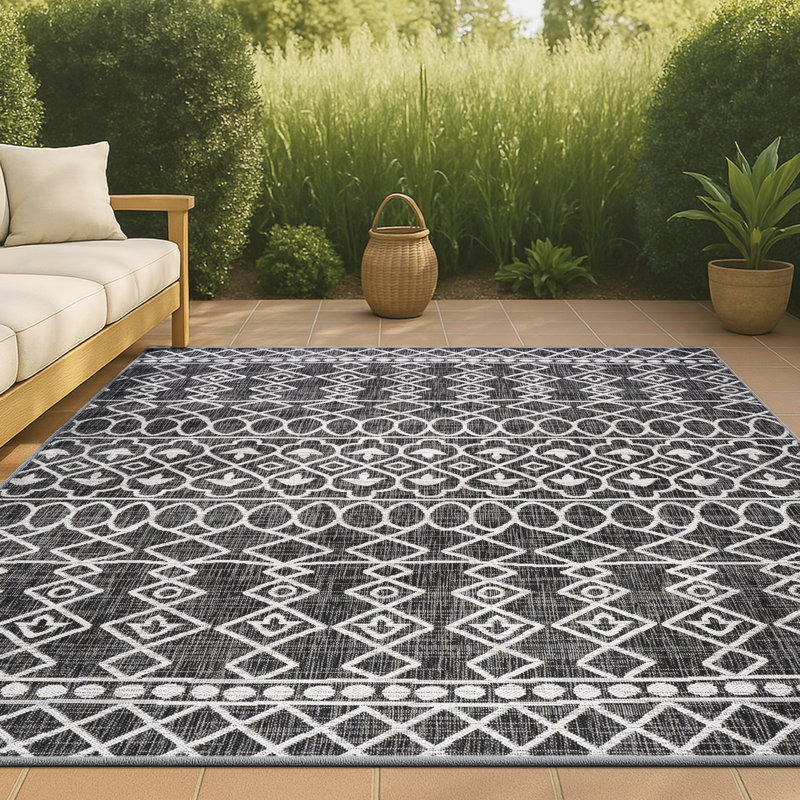 Rasime Tribal Bohemian Black/Ivory Indoor/Outdoor Rug, Rectangle 3'1" x 5'
