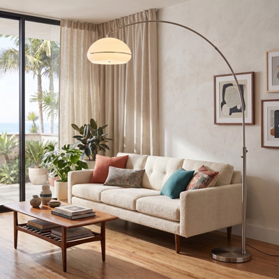 Lampe à arc de 85 po Morelli - nickel satiné, base en acier, demi-dôme Lucite, à intensité variable, ampoule incluse