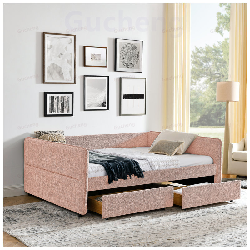 Élégant lit de jour en tissu avec deux tiroirs et canapé capitonné pour un confort et un rangement modernes, Pink