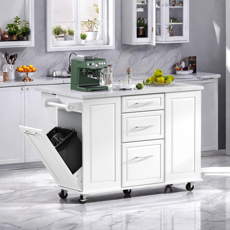 50.7" Kitchen Island with Drop Leaf and Storage Cabinet, White