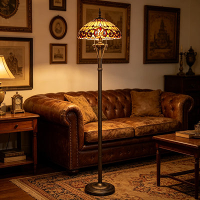 Tiffany Floor Lamp With Stained Glass Shade - Victorian Antique Style Standing Reading Light For Living Room, Bedroom, Or Office Decor