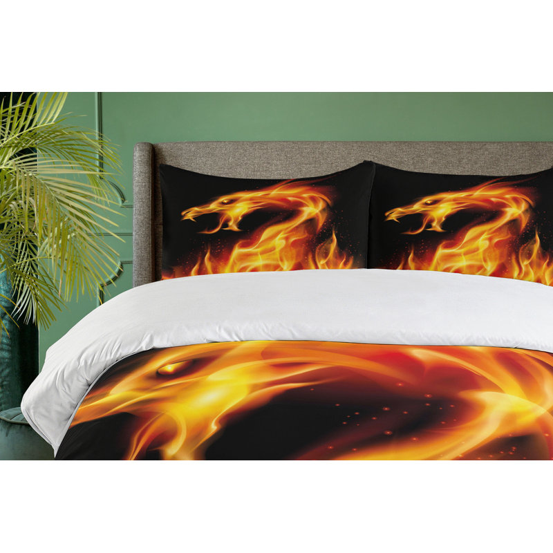 Fiery Dragon Black and Orange Microfiber Queen Duvet Set
