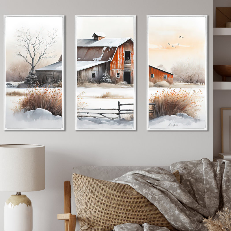 «Red Barn Scenery In Winter II», reproduction sur toile 3 pièces, H 32 po x l 48 po x P 1 po, Cadre blanc
