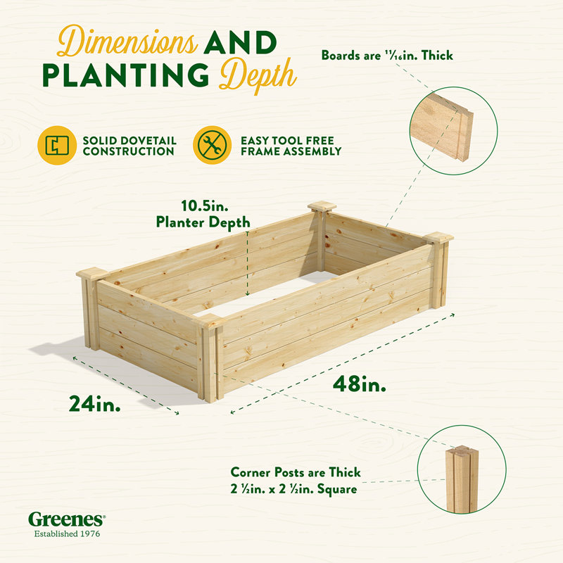 Katsuyoshi Wood Raised Garden Bed, Pine, 10.5" H x 24" W x 48" D