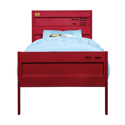 Lit simple contemporain en métal rouge avec des panneaux élégants et un cadre de chambre à coucher industriel
