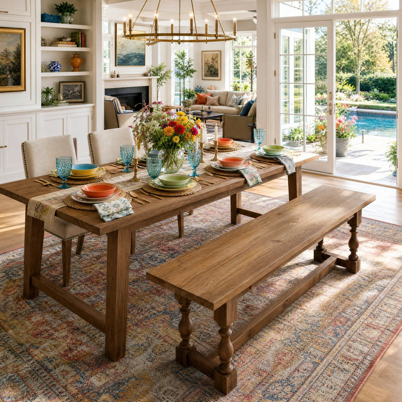 59 Inch Long Solid Wood Dining Bench with Turned Legs