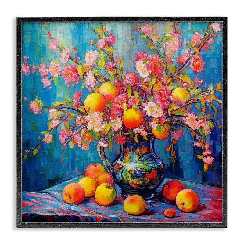  Peach & Florals Bouquet Giclee Art by LSR Design Studio, H 24 po x l 24 po, Giclée encadrée noir minuit