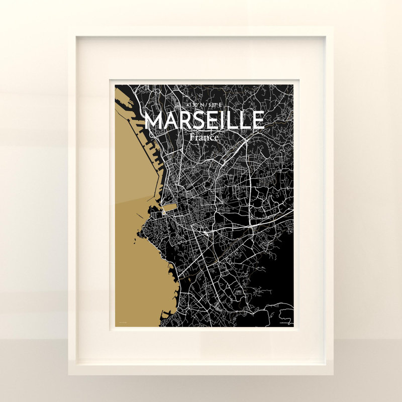 «Marseille City Map», impression, H 20 po x l 16 po, Noir / or