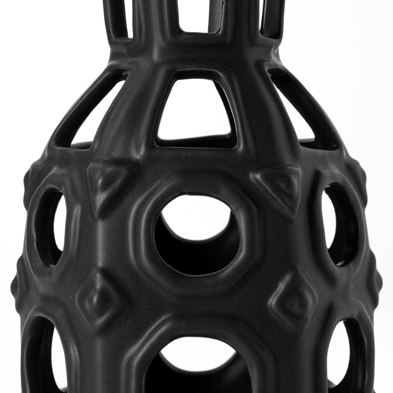 Vase en céramique noir à motif percé de 9 pouces pour décor moderne et contemporain