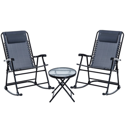 Outsunny 3 Piece Outdoor Rocking Bistro Set, Patio Folding Chair Table Set With Glass Coffee Table For Yard, Patio, Deck, Backyard